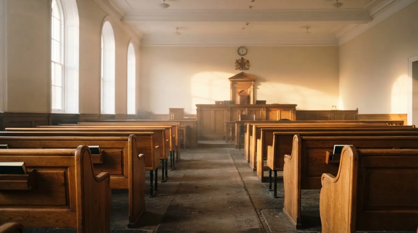 Una sala de tribunal vacía con bancos de madera a la luz de la mañana
