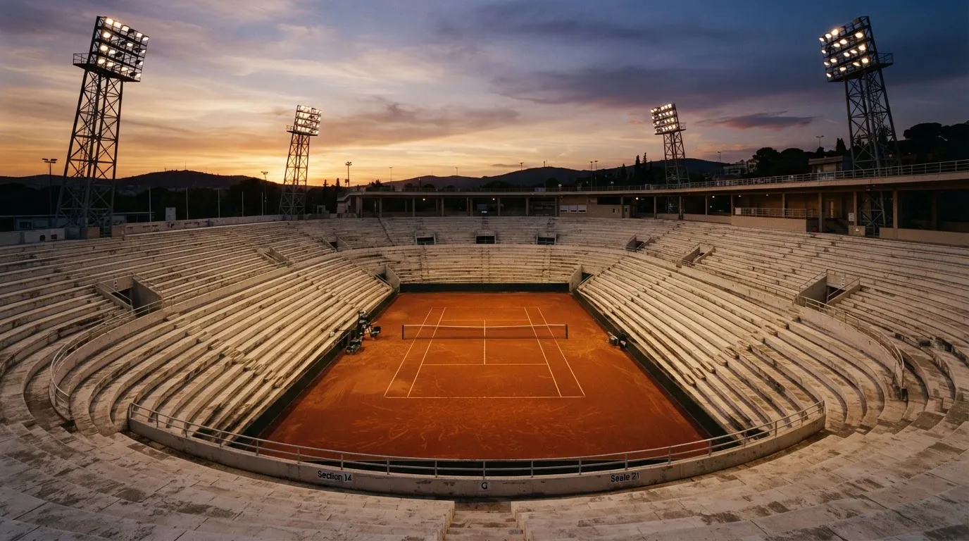 Un estadio de fútbol vacío con torres de iluminación al atardecer