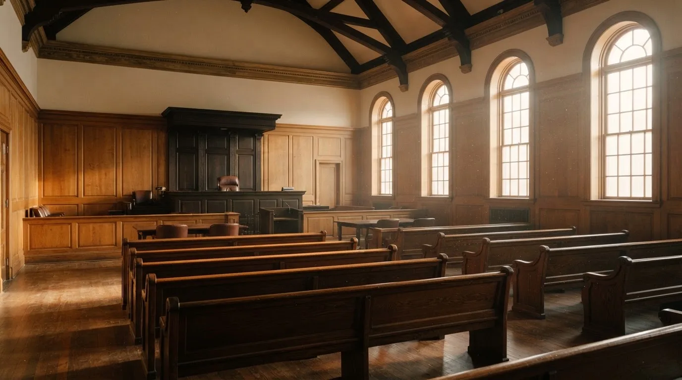 Una sala de tribunal vacía con bancos de madera a la luz de la mañana
