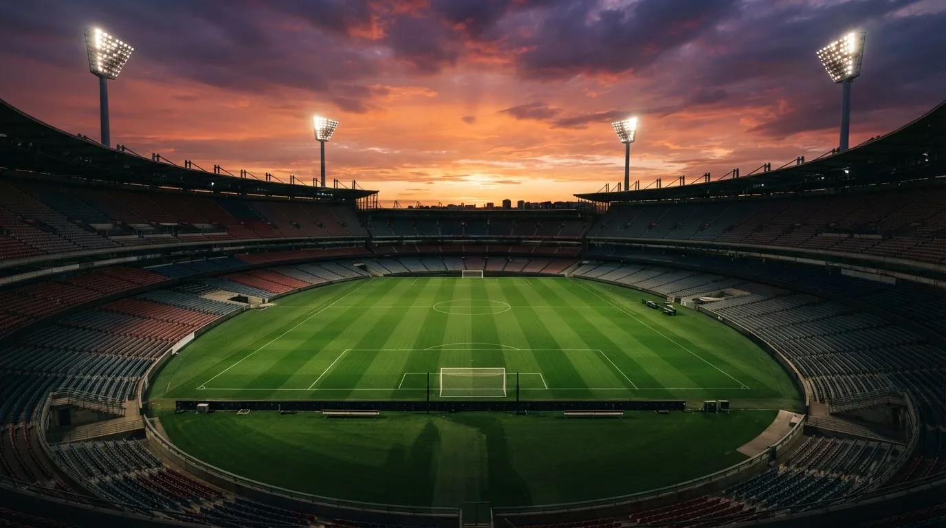 Un estadio de fútbol vacío con torres de iluminación al atardecer