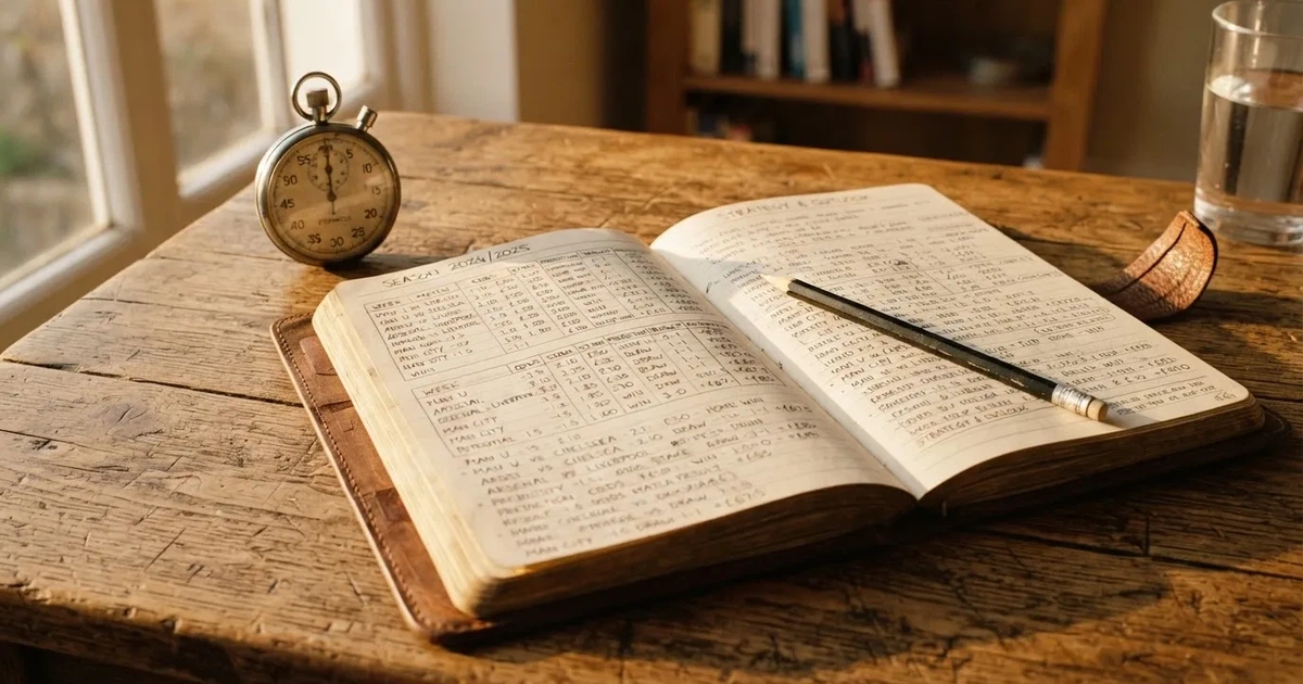Un cuaderno abierto con un lápiz y un cronómetro sobre una mesa de madera