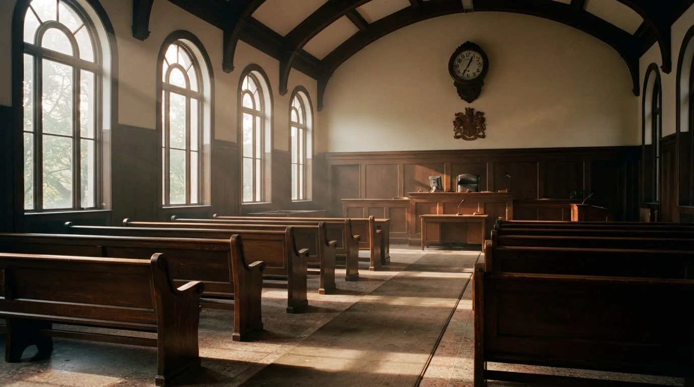 Una sala de tribunal vacía con bancos de madera a la luz de la mañana