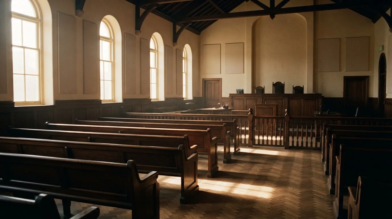 Una sala de tribunal vacía con bancos de madera a la luz de la mañana