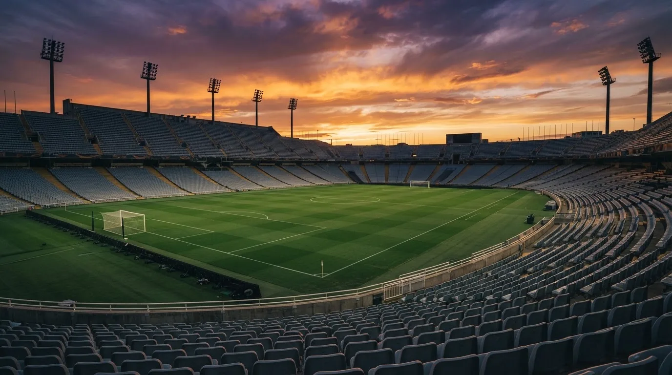 Un estadio de fútbol vacío con torres de iluminación al atardecer