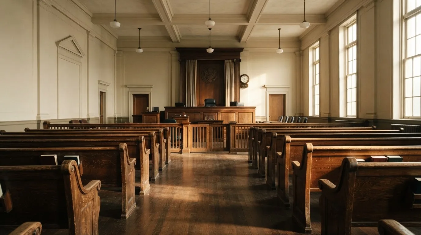 Una sala de tribunal vacía con bancos de madera a la luz de la mañana