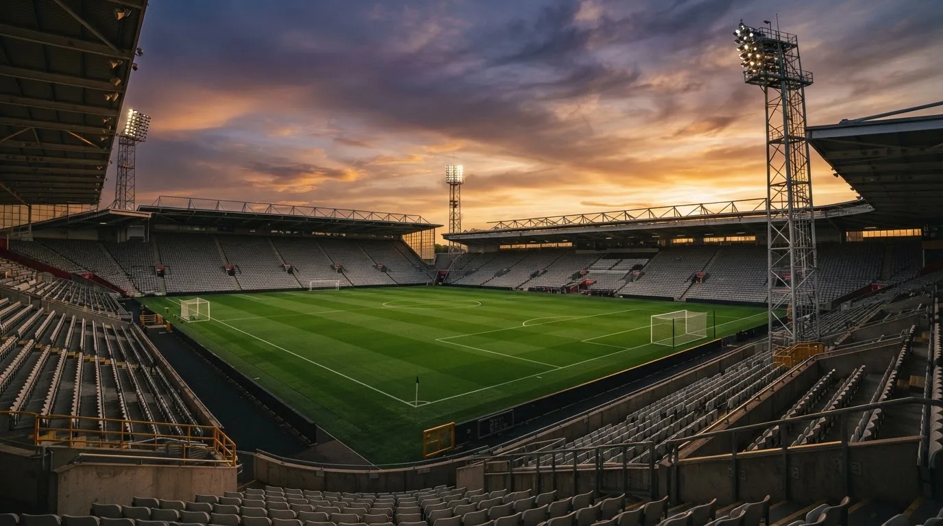 Un estadio de fútbol vacío con torres de iluminación al atardecer