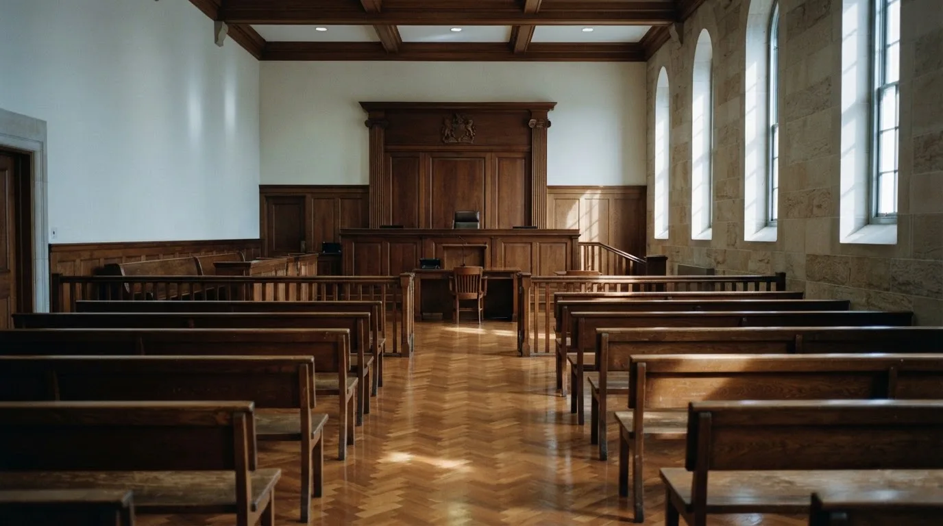 Una sala de tribunal vacía con bancos de madera a la luz de la mañana