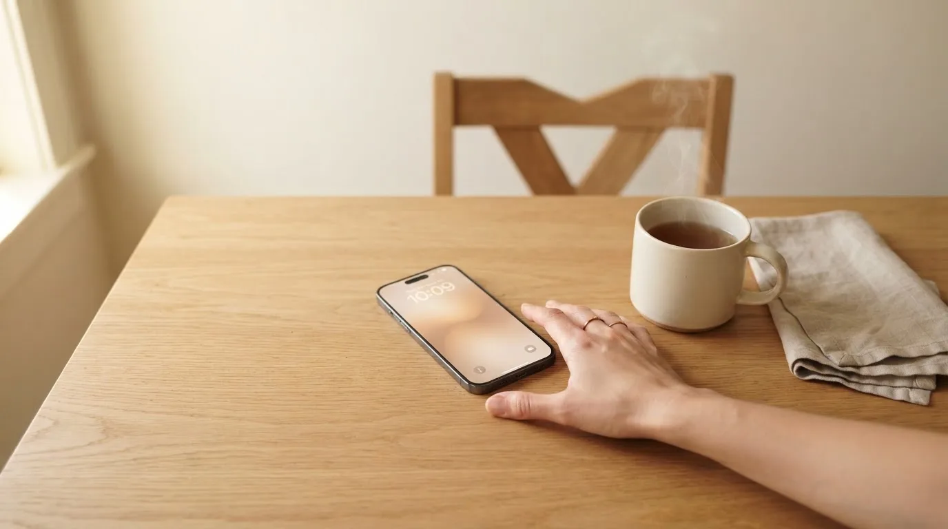 Una mano deja un móvil junto a una taza de té sobre la mesa de la cocina, una tarde tranquila