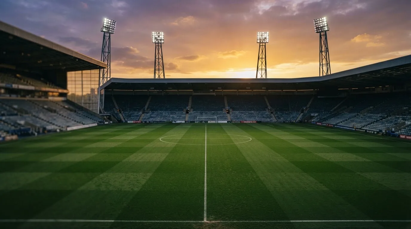 Un estadio de fútbol vacío con torres de iluminación al atardecer