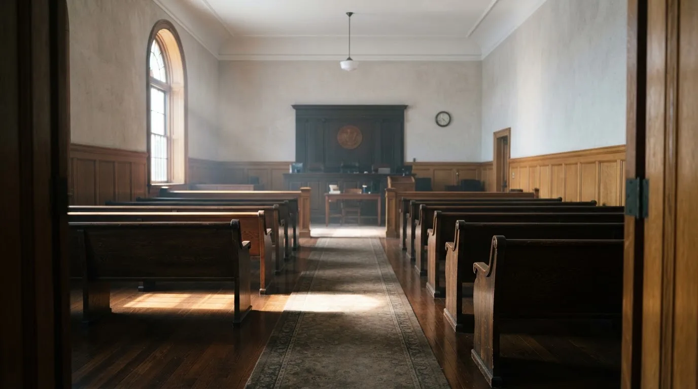 Una sala de tribunal vacía con bancos de madera a la luz de la mañana