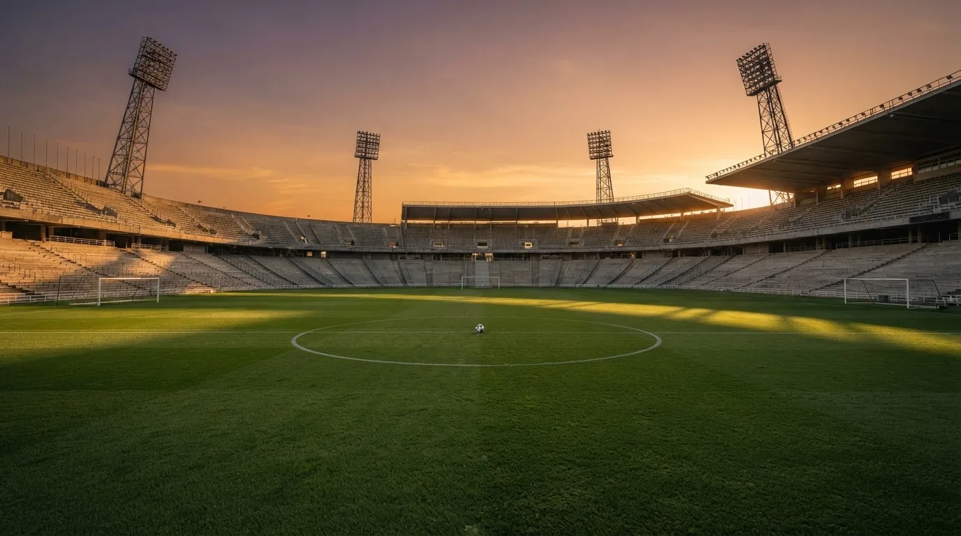 Un estadio de fútbol vacío con torres de iluminación al atardecer