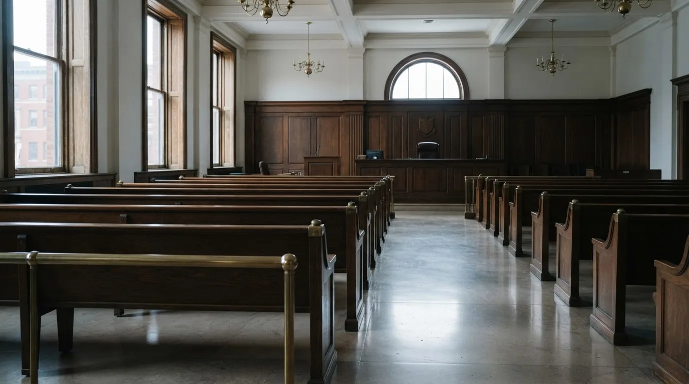 Una sala de tribunal vacía con bancos de madera a la luz de la mañana