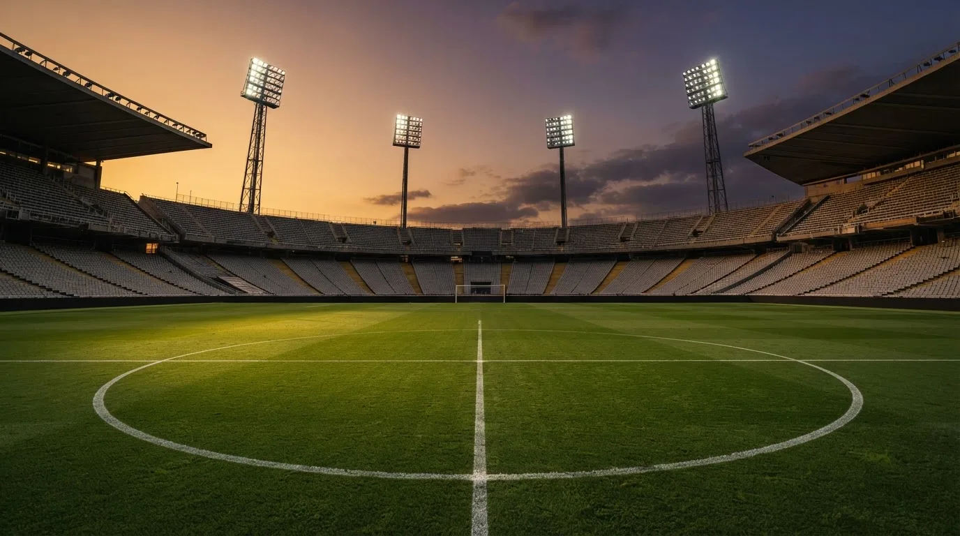Un estadio de fútbol vacío con torres de iluminación al atardecer