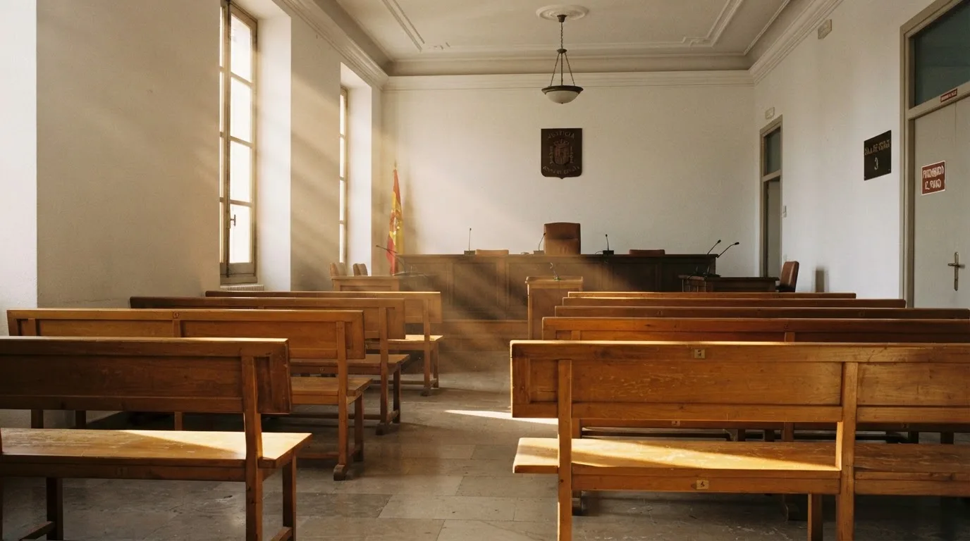 Una sala de tribunal vacía con bancos de madera a la luz de la mañana