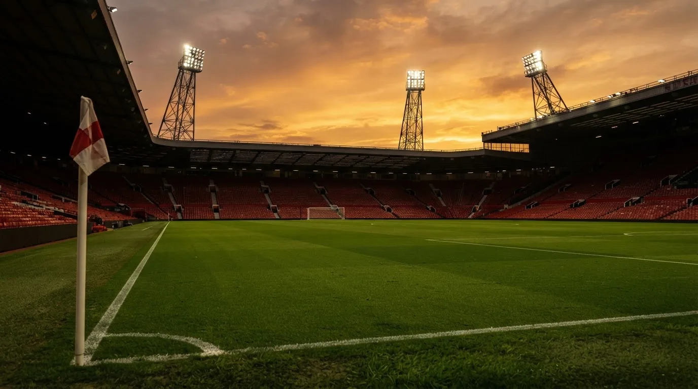 Un estadio de fútbol vacío con torres de iluminación al atardecer