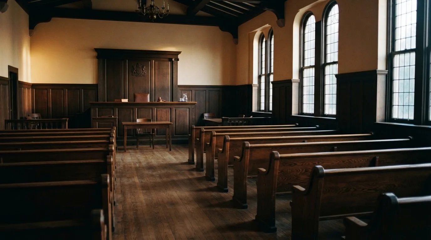 Una sala de tribunal vacía con bancos de madera a la luz de la mañana