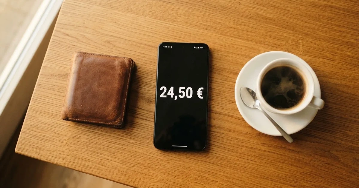 Un móvil sobre una mesa de madera junto a una cartera y una taza de café