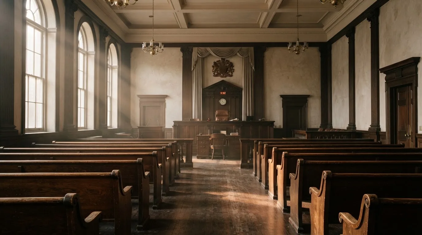 Una sala de tribunal vacía con bancos de madera a la luz de la mañana