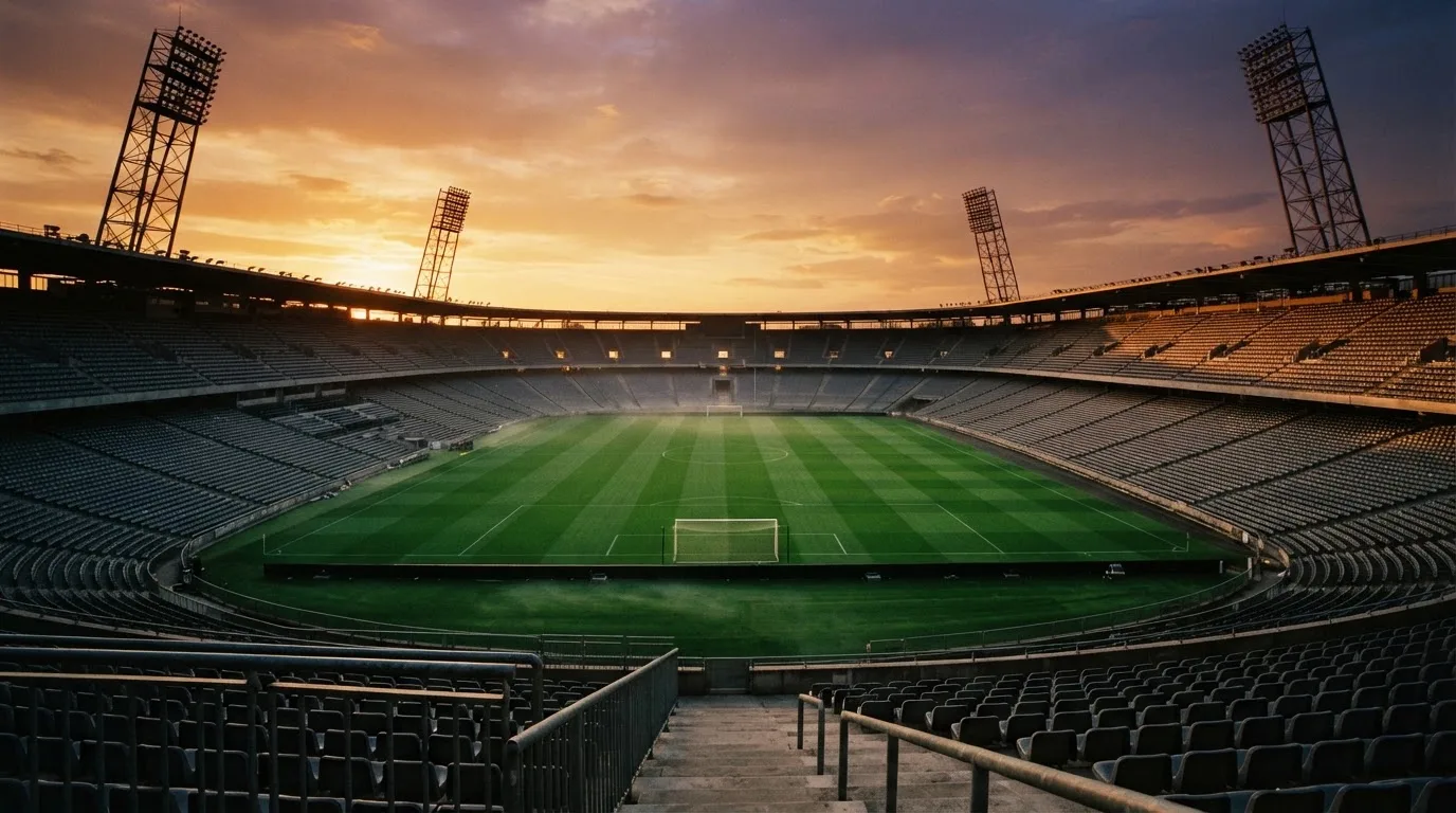 Un estadio de fútbol vacío con torres de iluminación al atardecer
