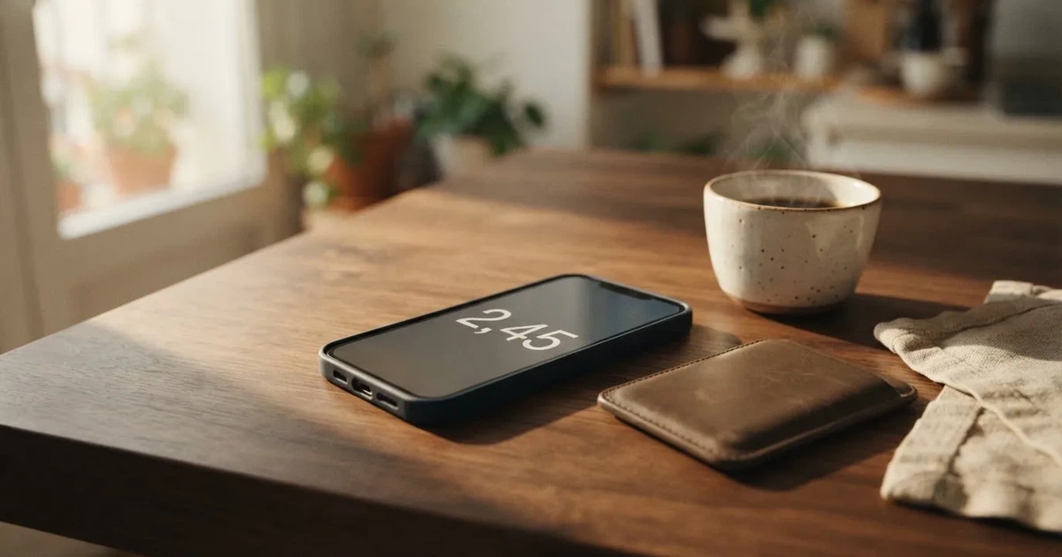 Un móvil sobre una mesa de madera junto a una cartera y una taza de café