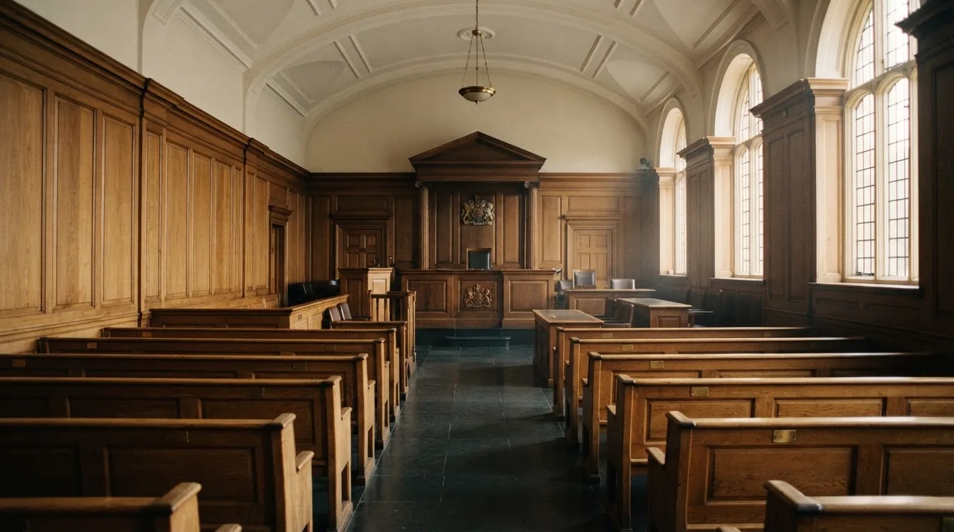 Una sala de tribunal vacía con bancos de madera a la luz de la mañana