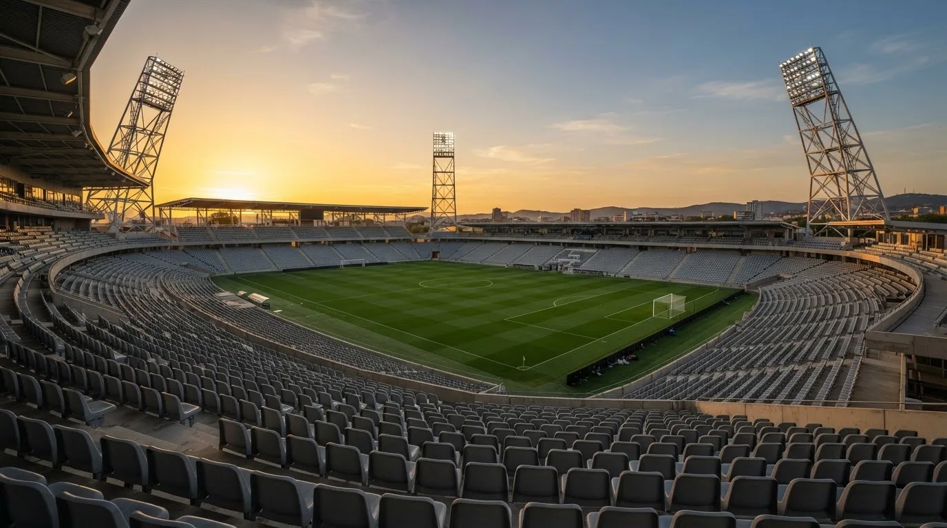 Un estadio de fútbol vacío con torres de iluminación al atardecer