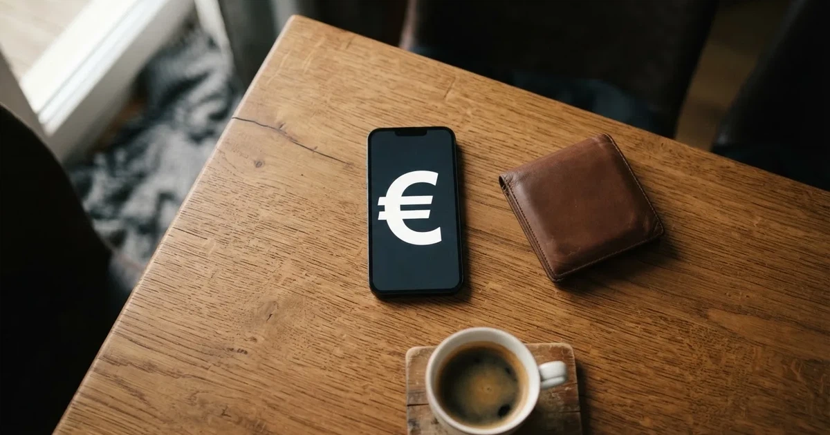 Un móvil sobre una mesa de madera junto a una cartera y una taza de café