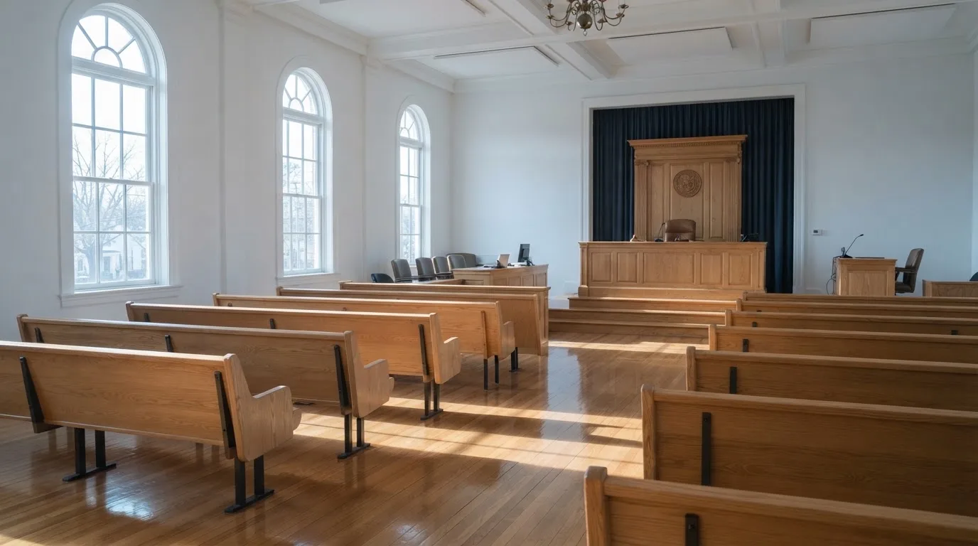 Una sala de tribunal vacía con bancos de madera a la luz de la mañana