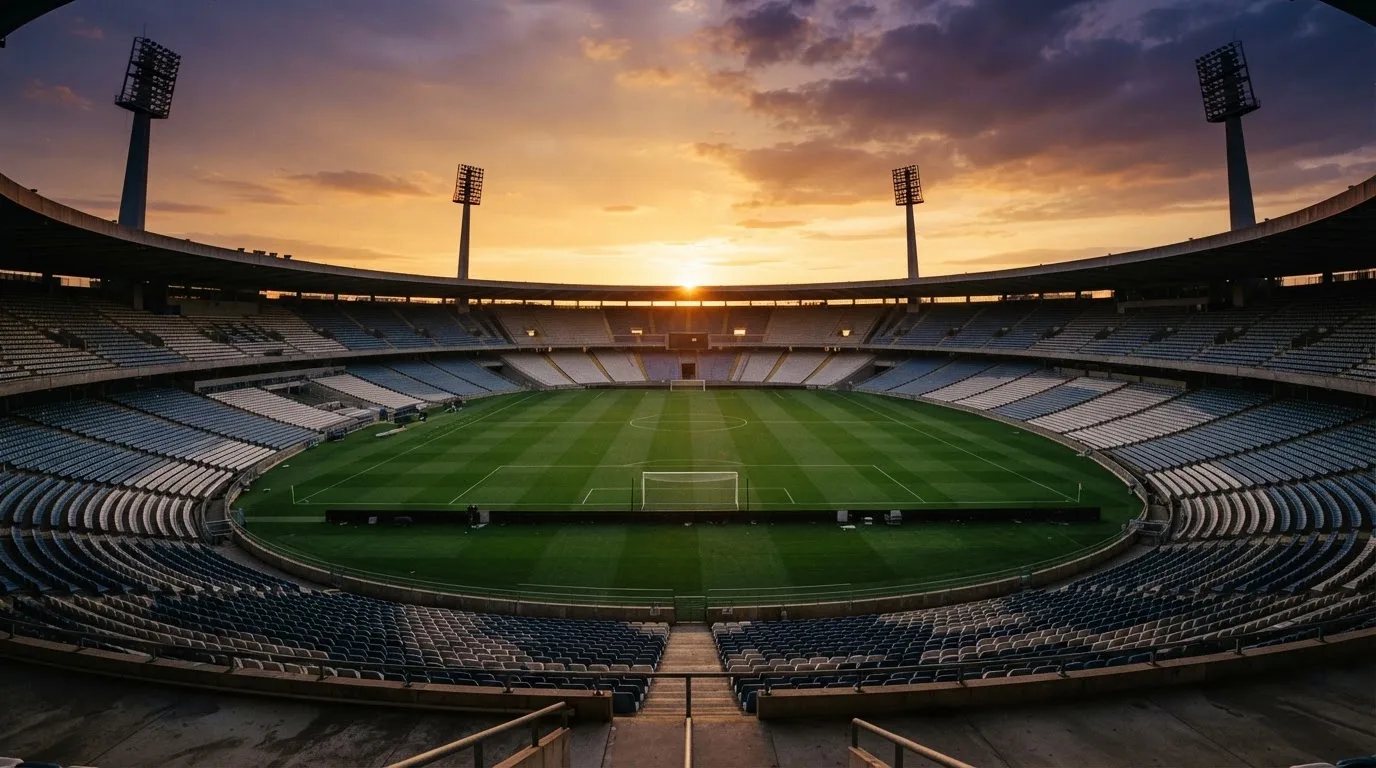 Un estadio de fútbol vacío con torres de iluminación al atardecer