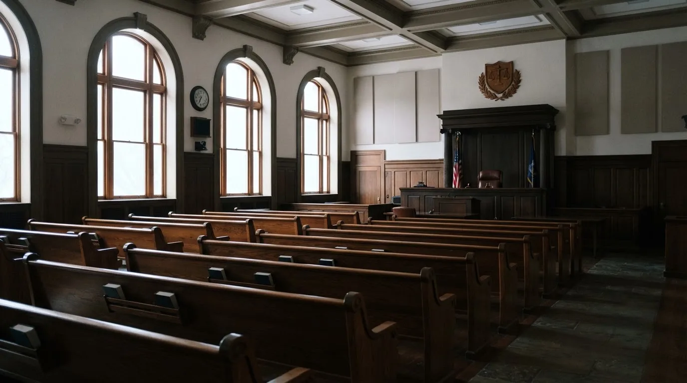 Una sala de tribunal vacía con bancos de madera a la luz de la mañana