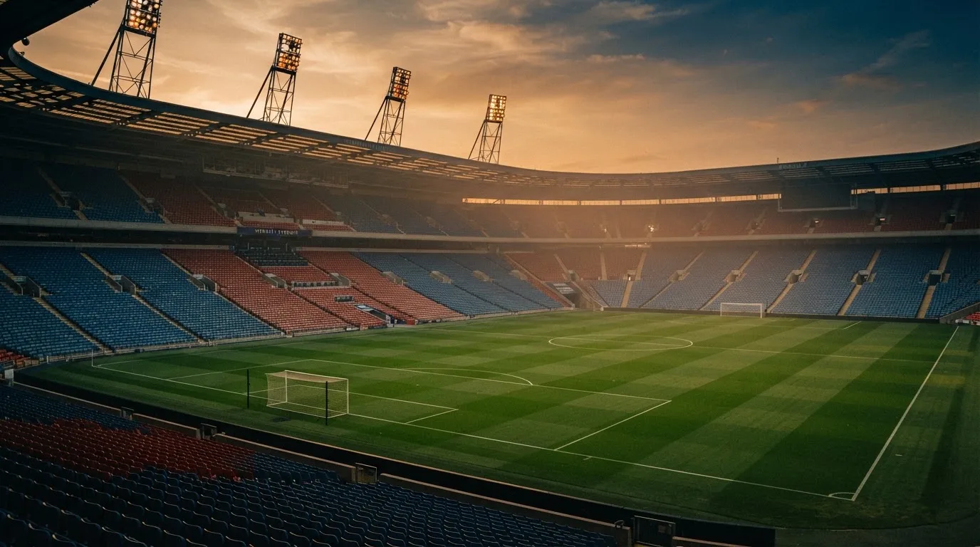 Un estadio de fútbol vacío con torres de iluminación al atardecer