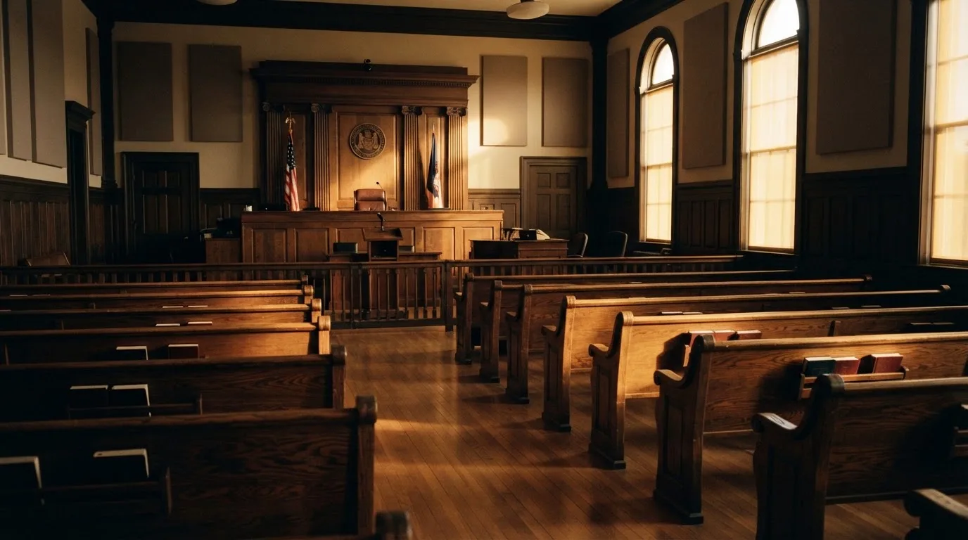 Una sala de tribunal vacía con bancos de madera a la luz de la mañana
