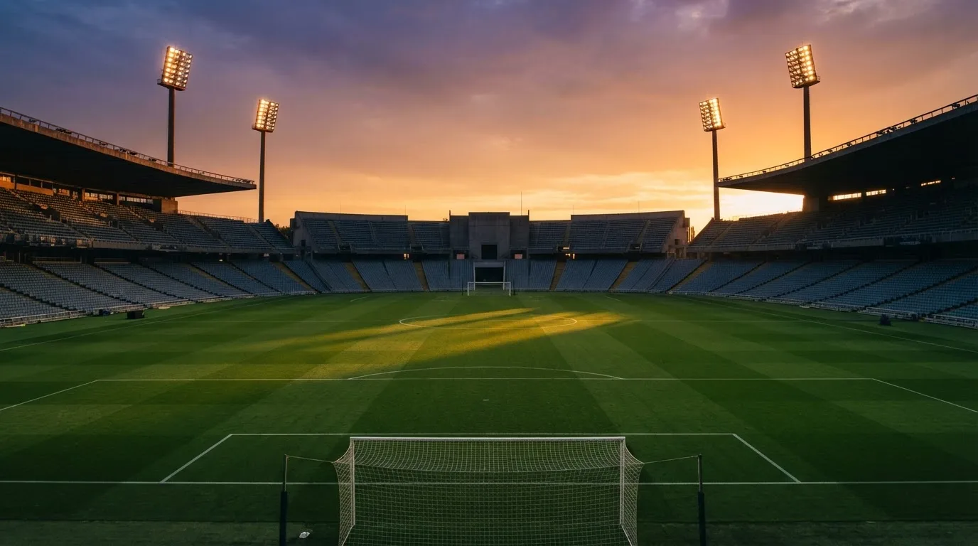Un estadio de fútbol vacío con torres de iluminación al atardecer