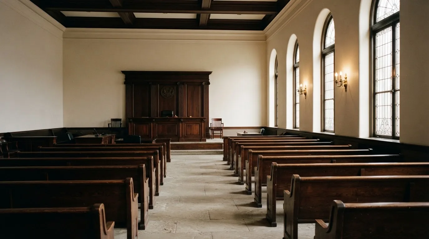 Una sala de tribunal vacía con bancos de madera a la luz de la mañana