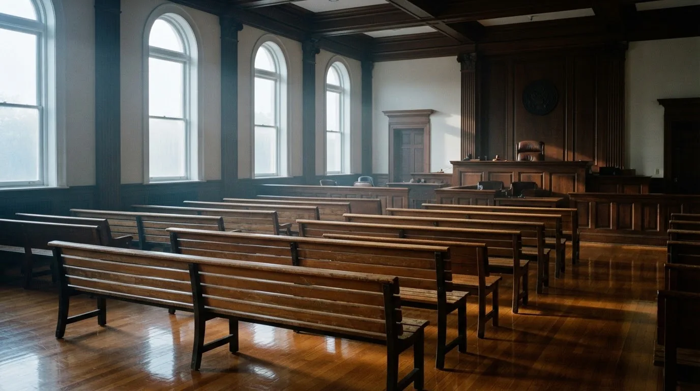 Una sala de tribunal vacía con bancos de madera a la luz de la mañana