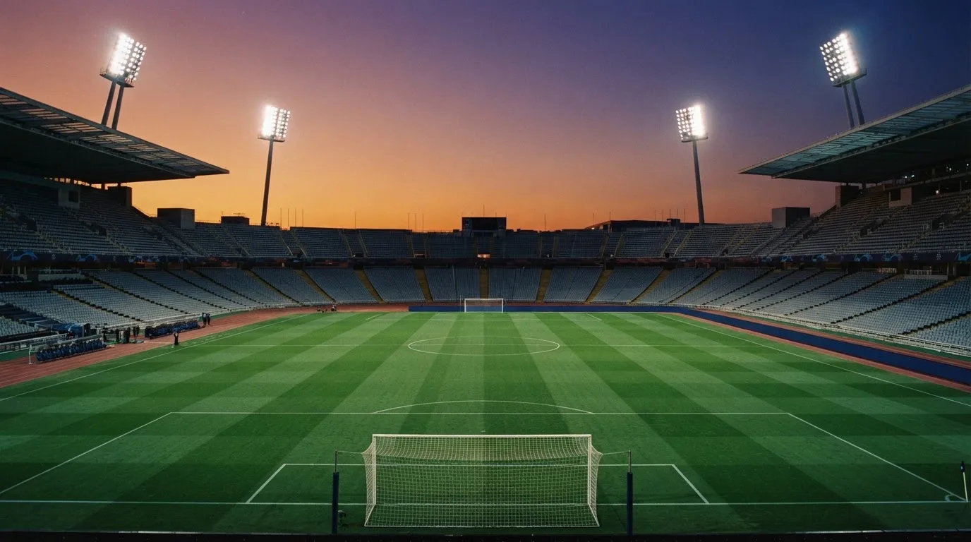 Un estadio de fútbol vacío con torres de iluminación al atardecer