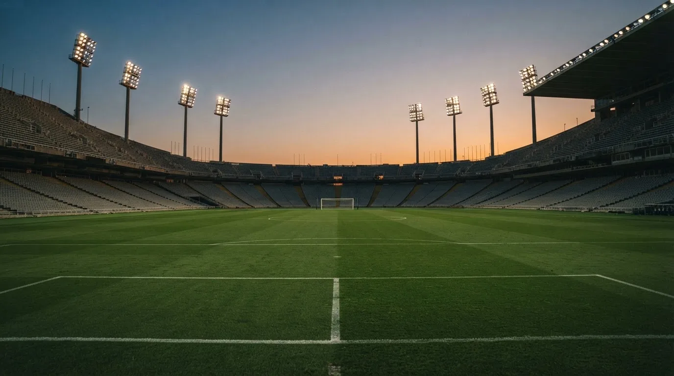 Un estadio de fútbol vacío con torres de iluminación al atardecer