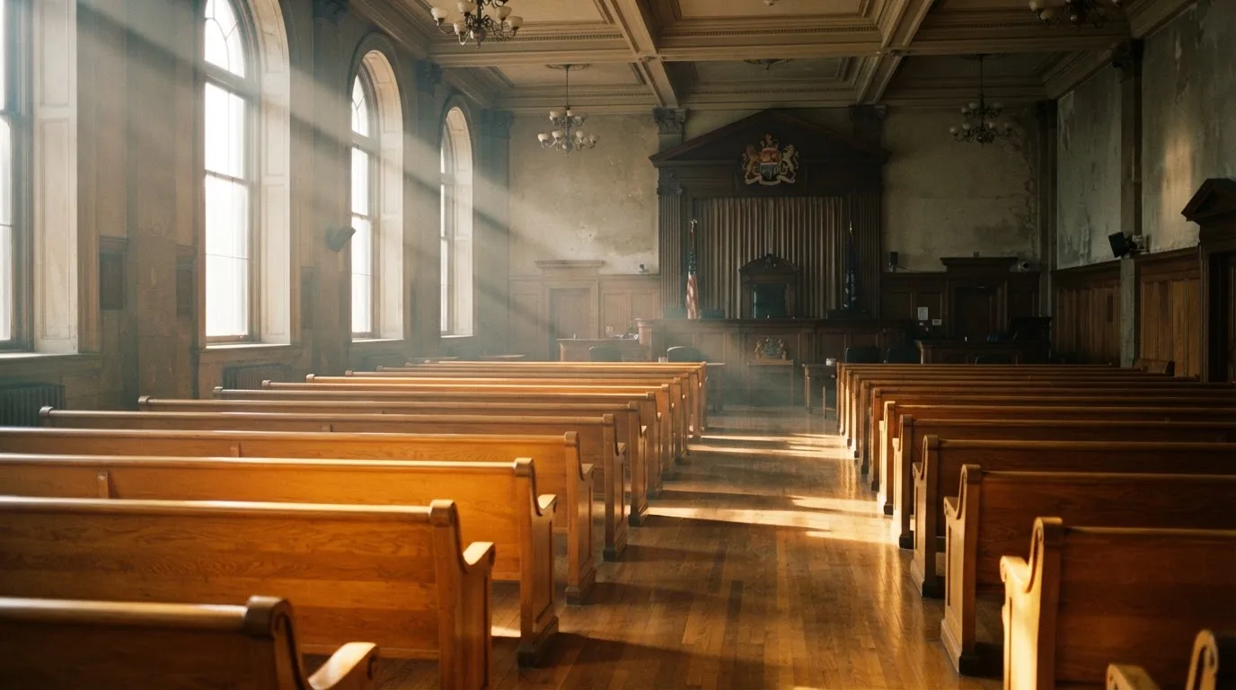 Una sala de tribunal vacía con bancos de madera a la luz de la mañana