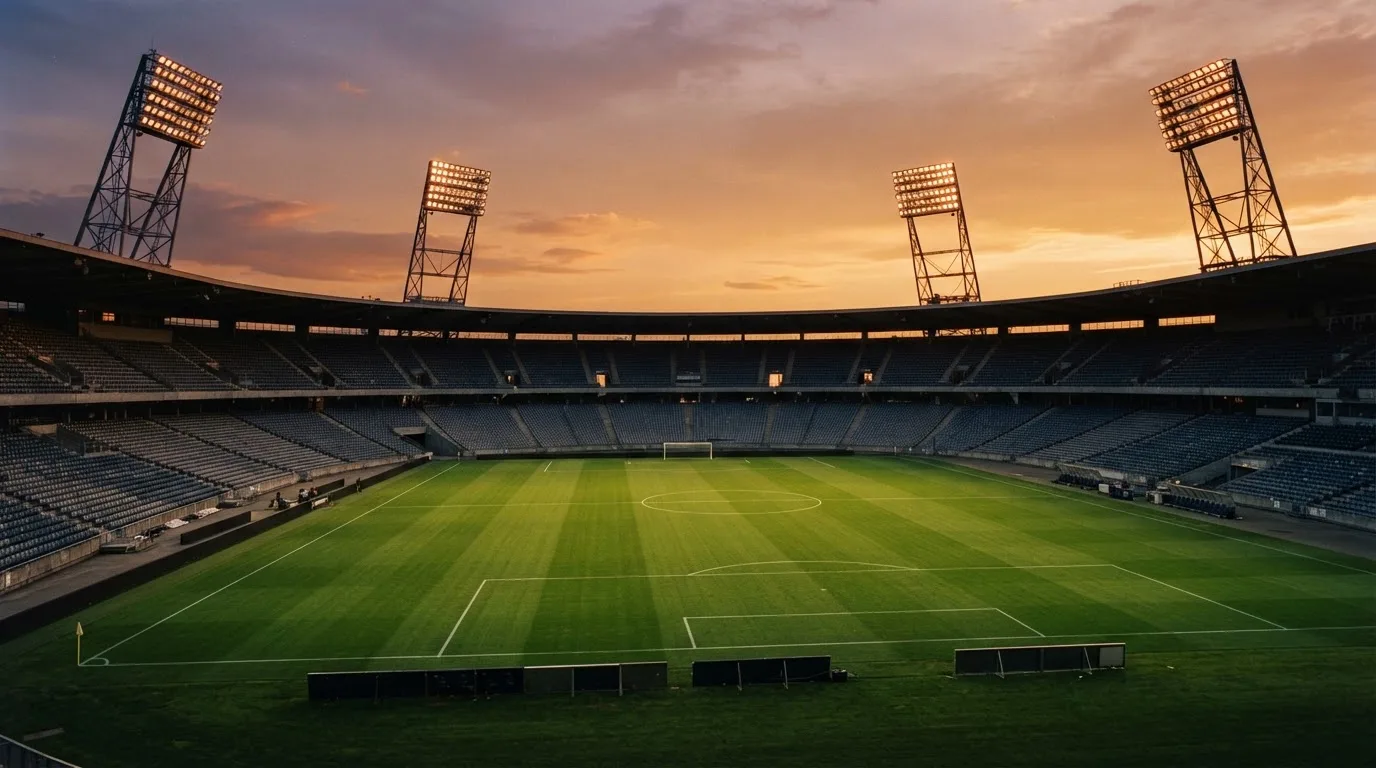 Un estadio de fútbol vacío con torres de iluminación al atardecer