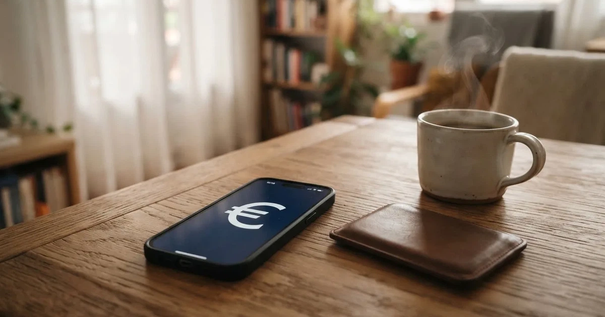 Un móvil sobre una mesa de madera junto a una cartera y una taza de café