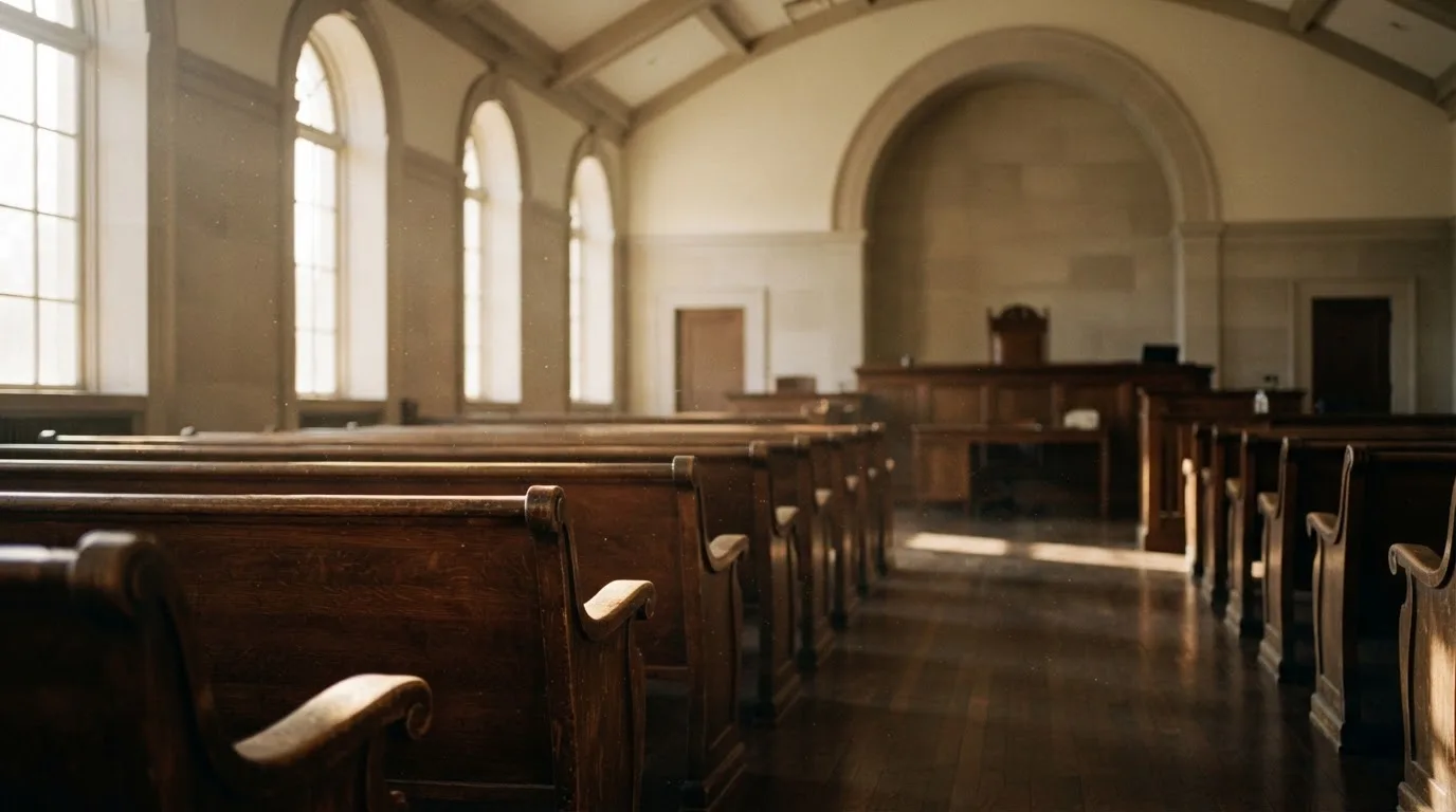 Una sala de tribunal vacía con bancos de madera a la luz de la mañana