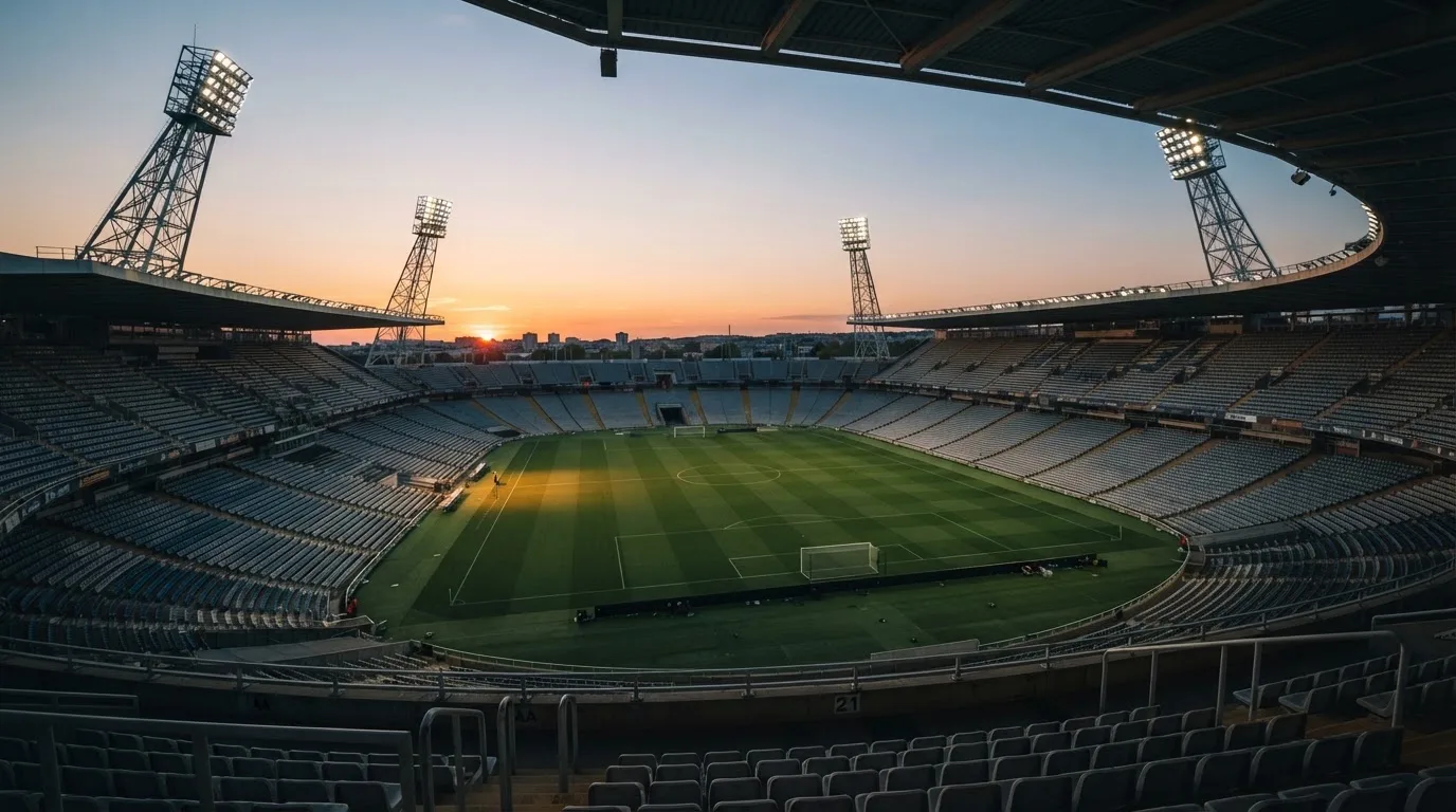 Un estadio de fútbol vacío con torres de iluminación al atardecer