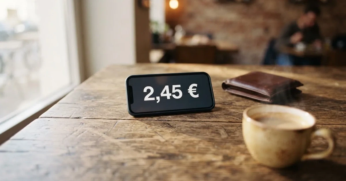 Un móvil sobre una mesa de madera junto a una cartera y una taza de café
