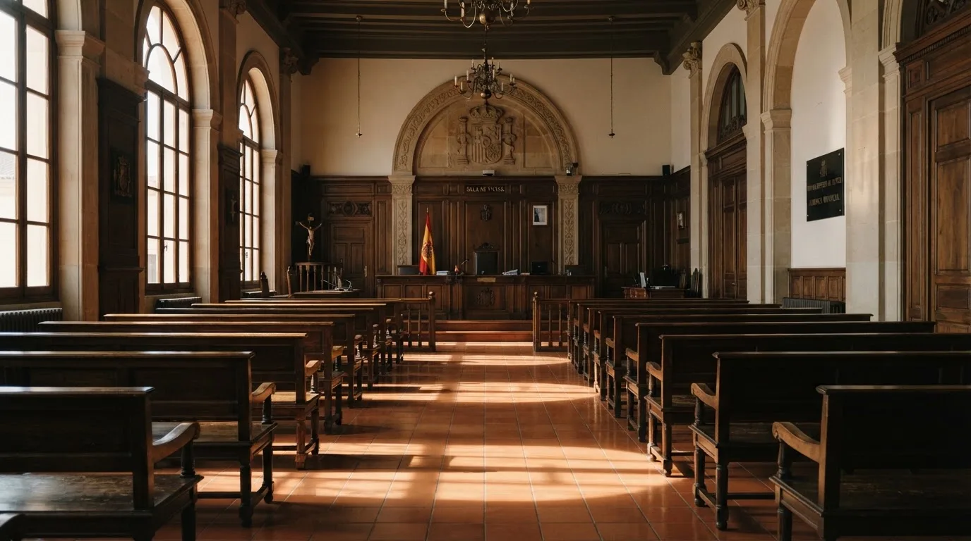 Una sala de tribunal vacía con bancos de madera a la luz de la mañana