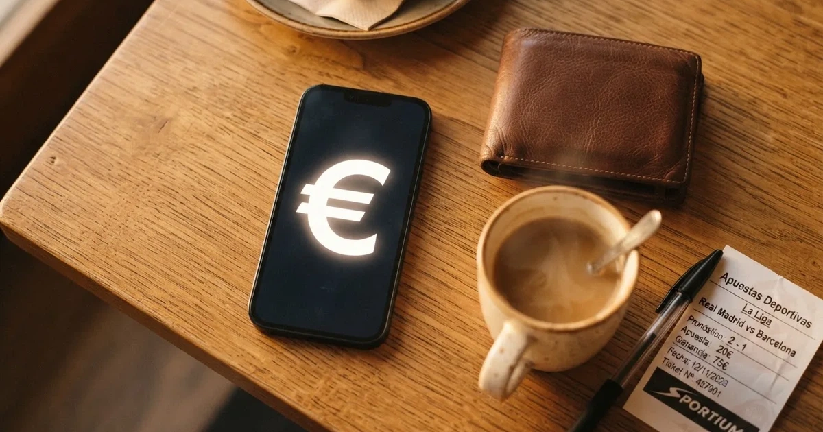 Un móvil sobre una mesa de madera junto a una cartera y una taza de café