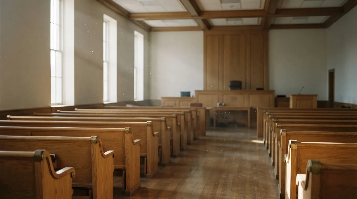 Una sala de tribunal vacía con bancos de madera a la luz de la mañana