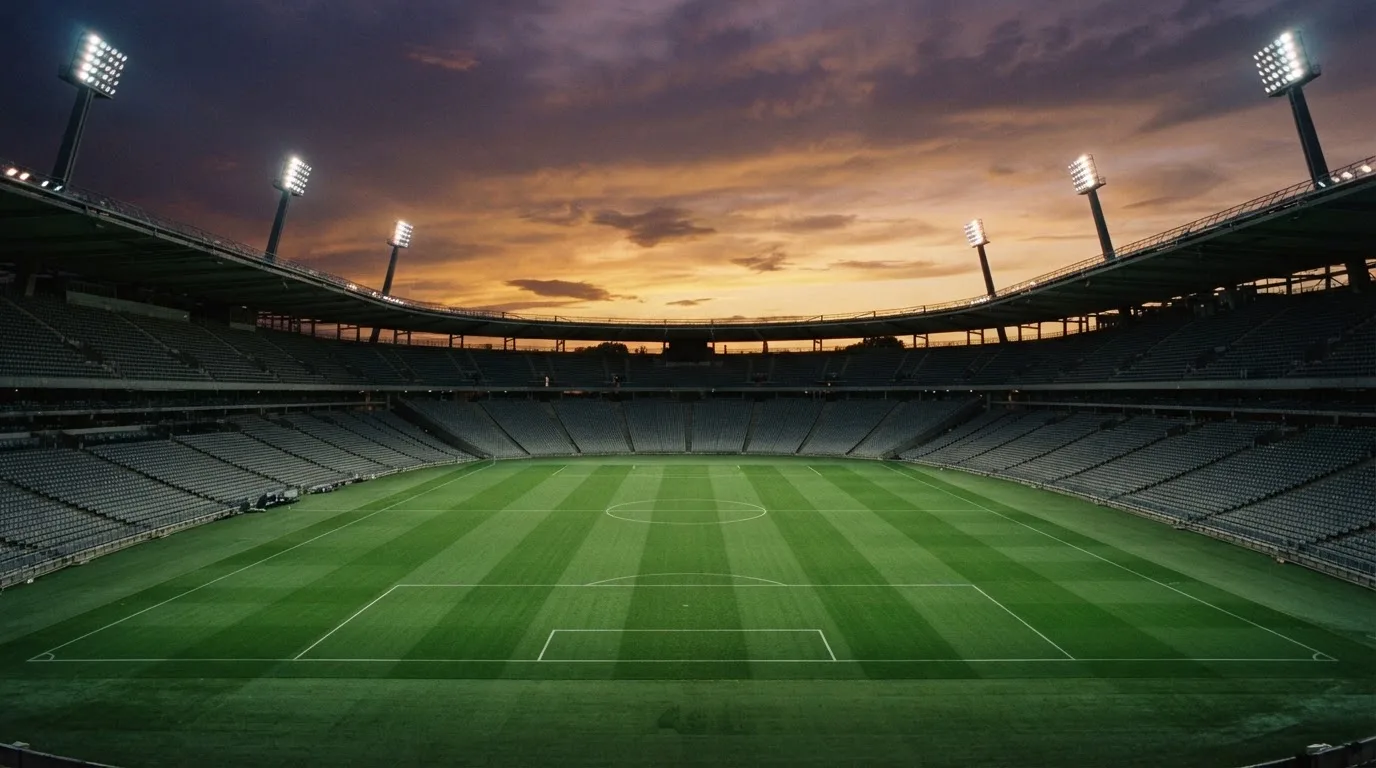 Un estadio de fútbol vacío con torres de iluminación al atardecer