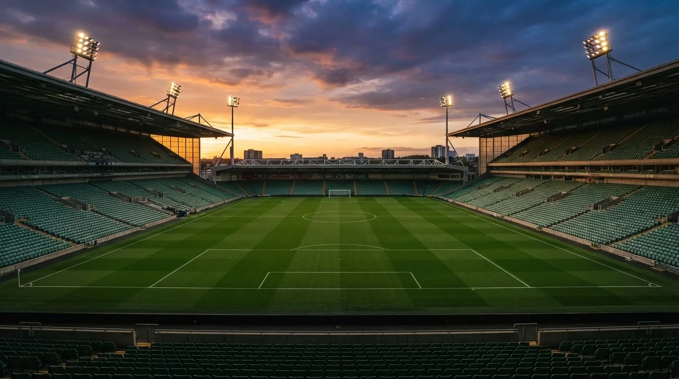 Un estadio de fútbol vacío con torres de iluminación al atardecer