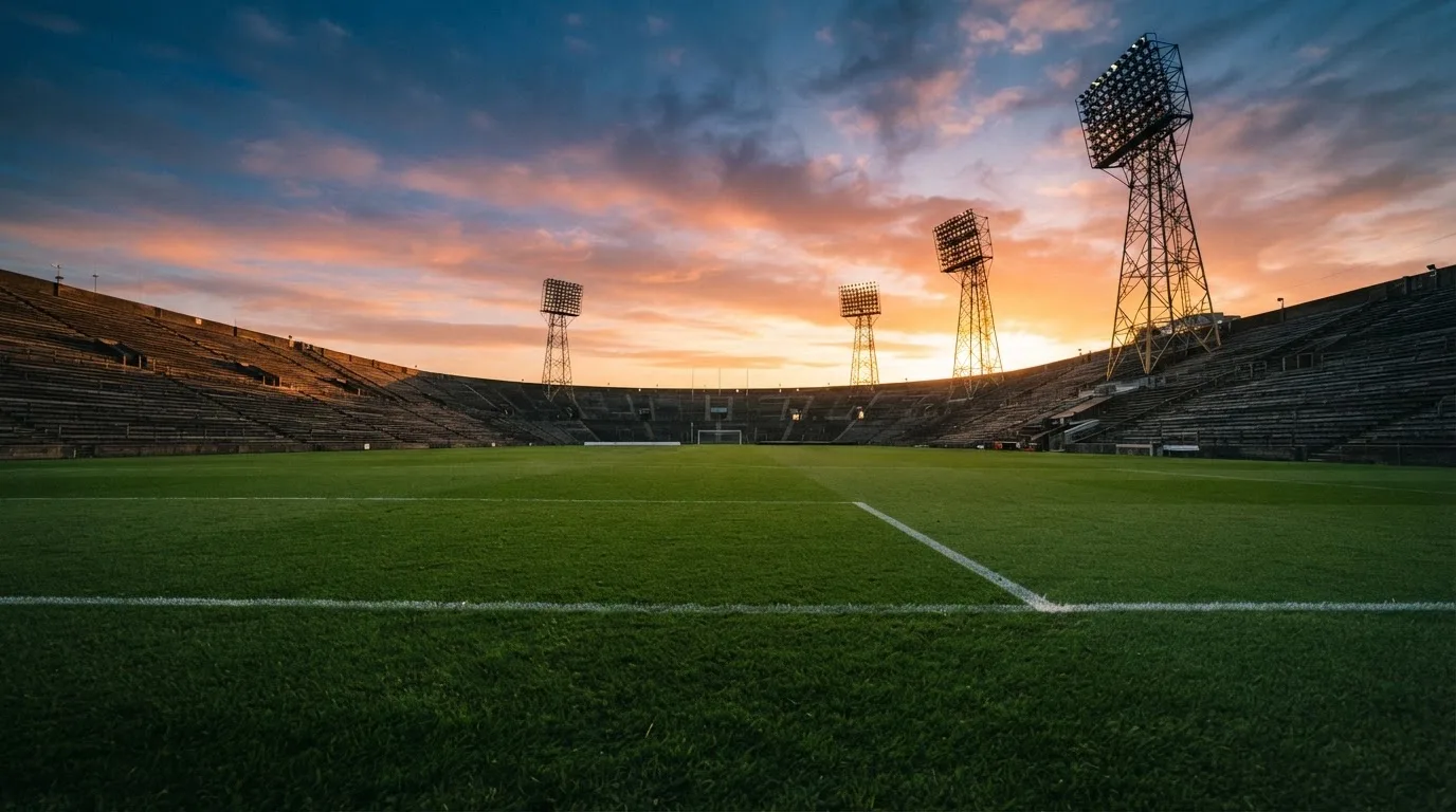Un estadio de fútbol vacío con torres de iluminación al atardecer