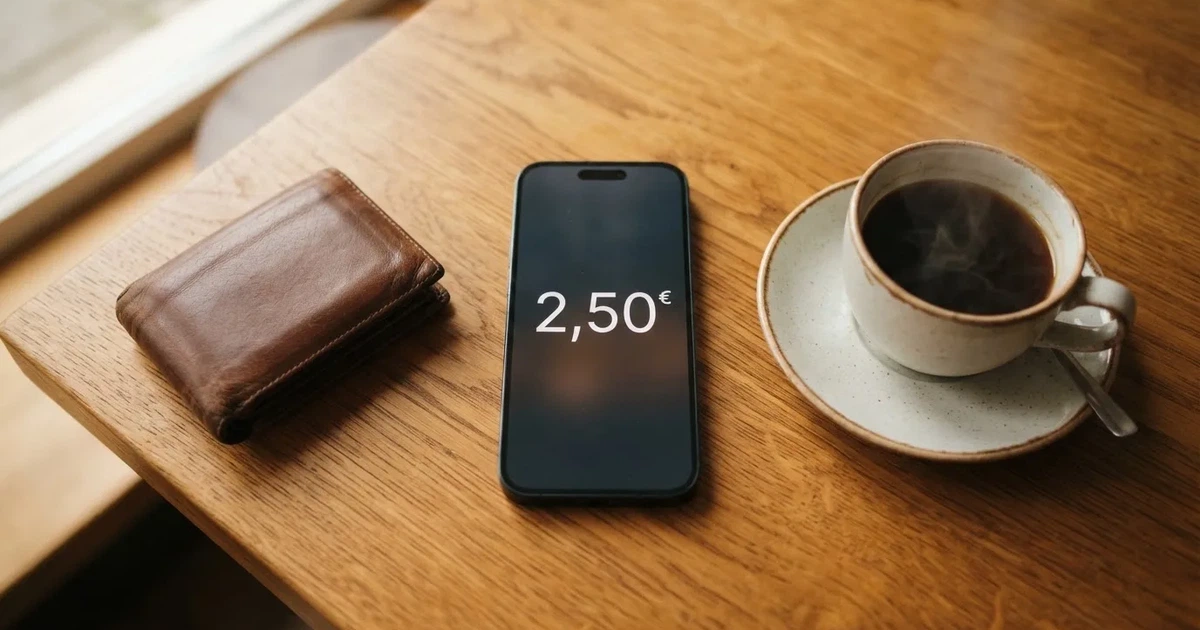 Un móvil sobre una mesa de madera junto a una cartera y una taza de café